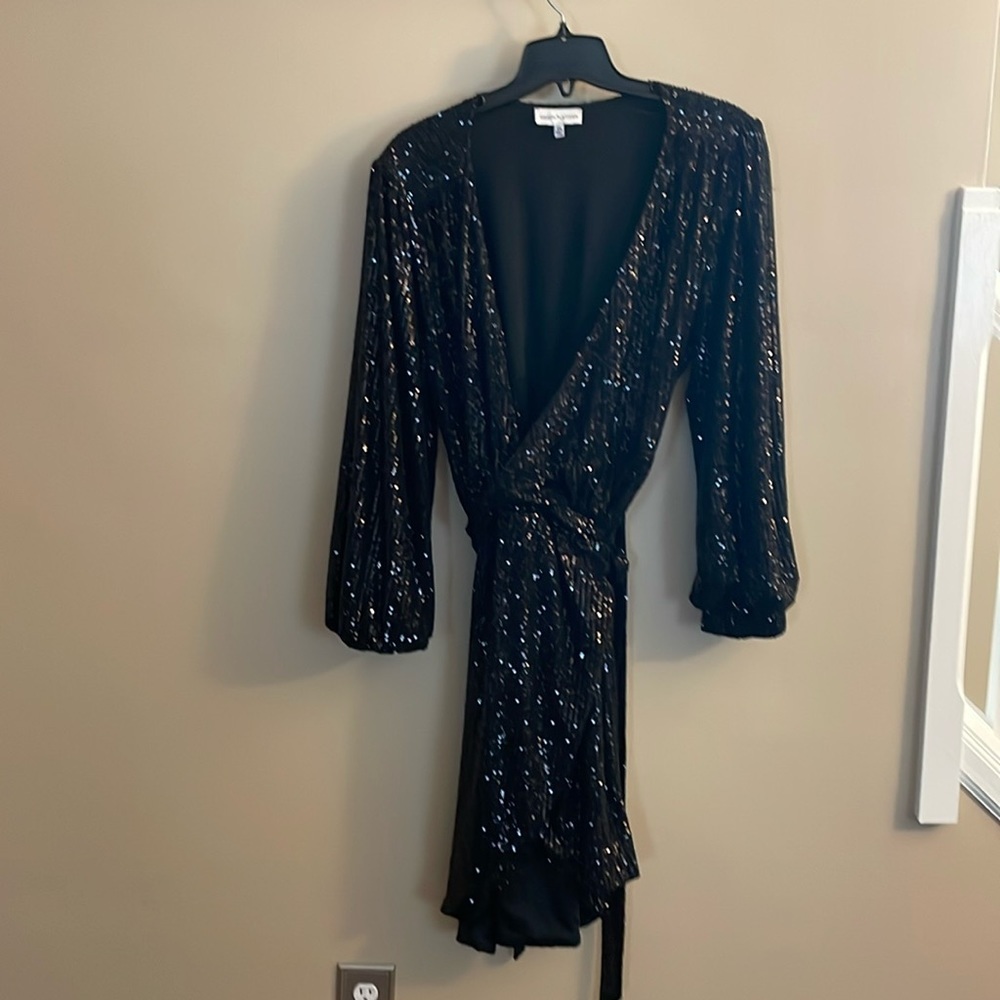 Gibson Latimer Black Sequin Long Sleeve Wrap Dress